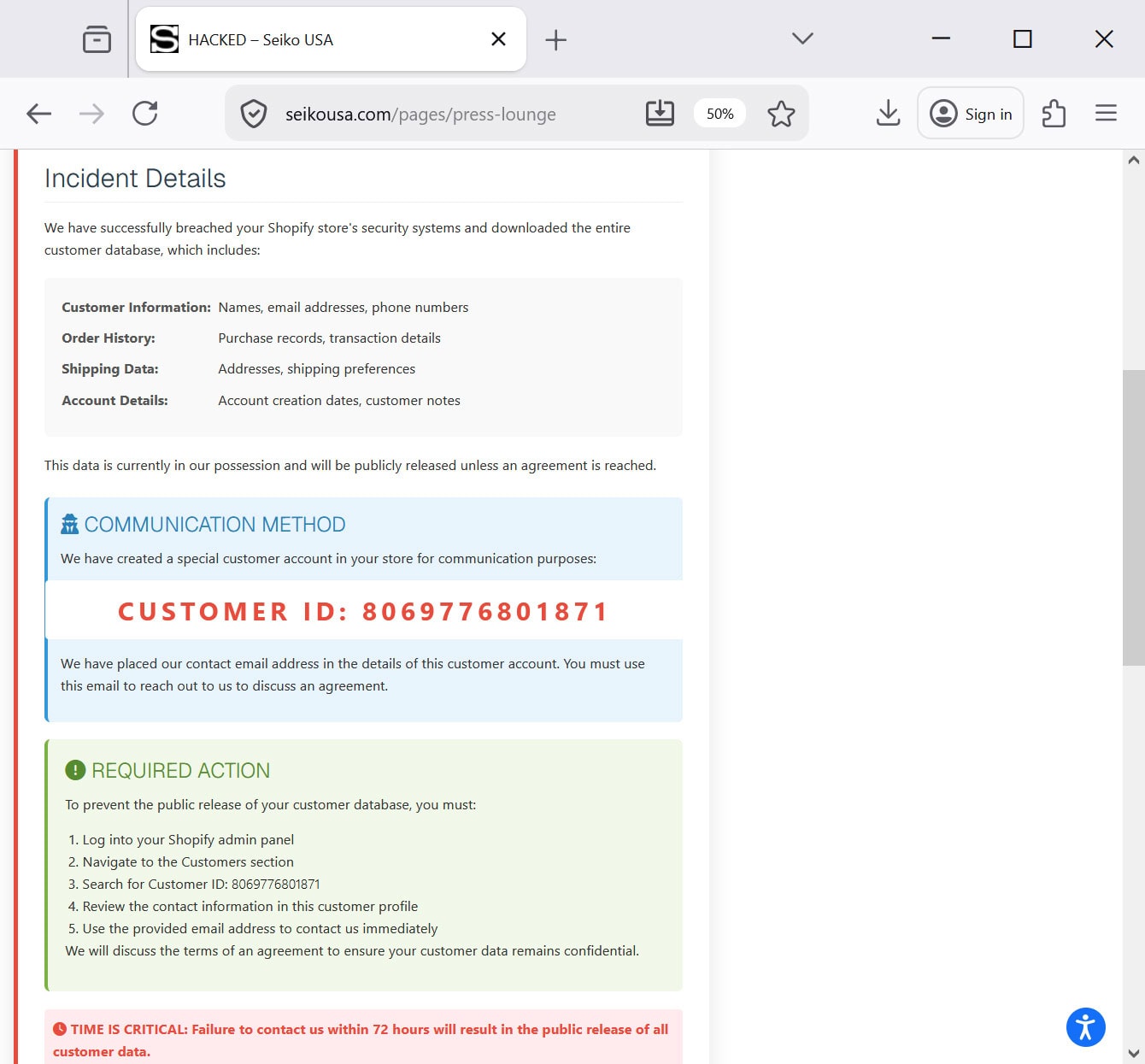 Seiko Website Data Breach