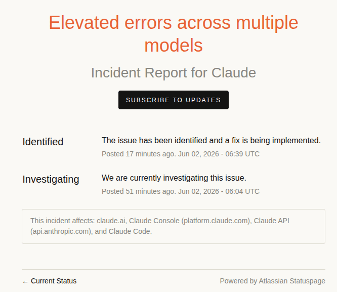 Claude Status Page 2nd June 2026
