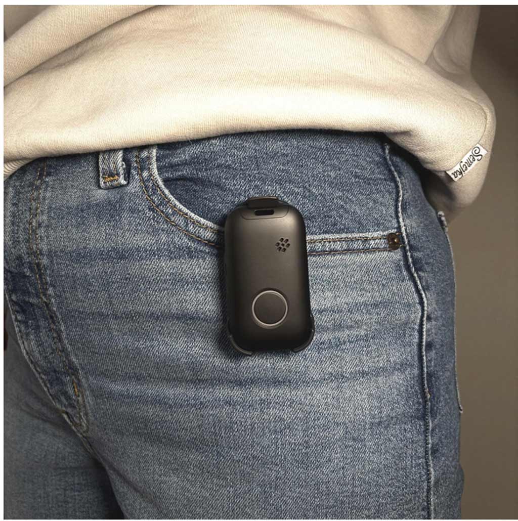 Premium Mobile Plus alert device clipped to a belt at the hip