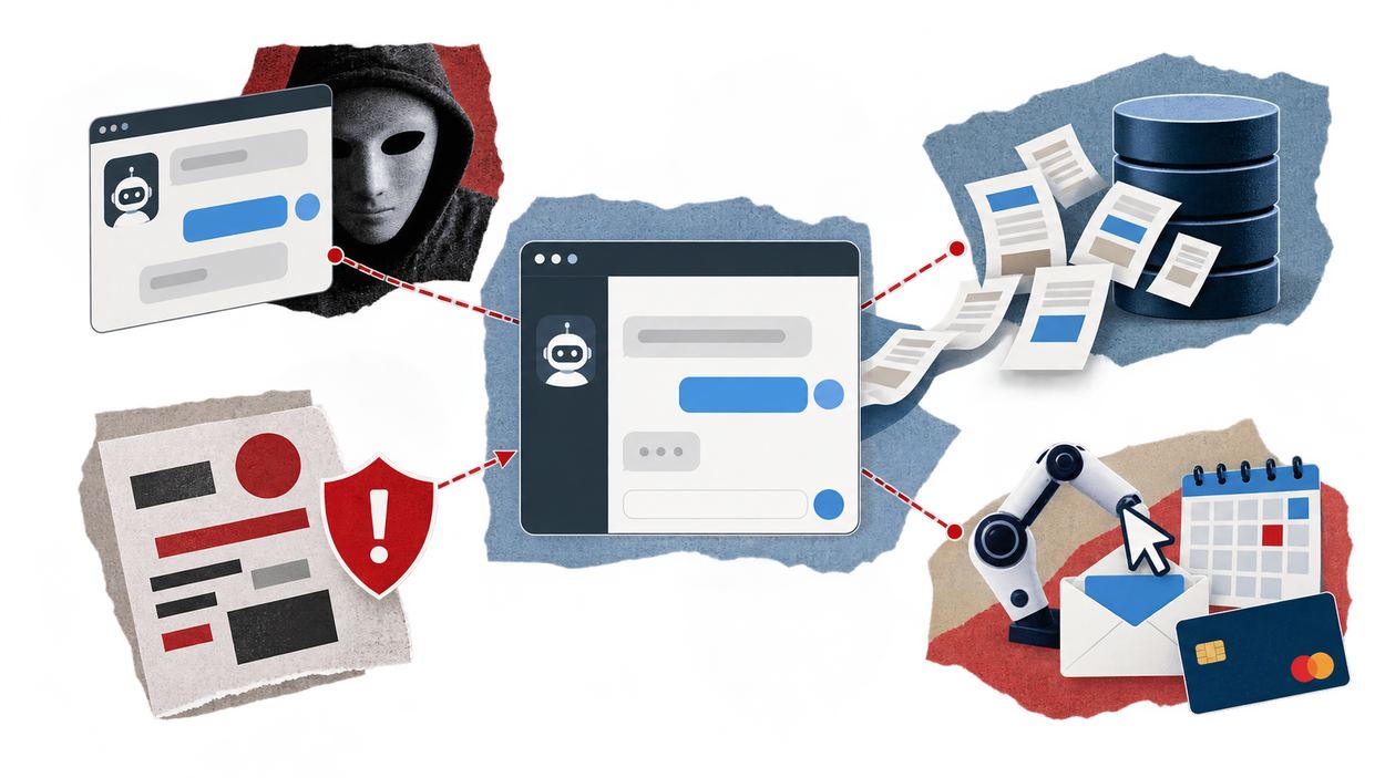 Company AI chatbot linked to three risks: a cloned chat interface and impersonator for brand risk, records leaking into a database for data risk, and an AI agent reaching email, calendar and payment card for digital risk, with a poisoned document flagged as prompt injection