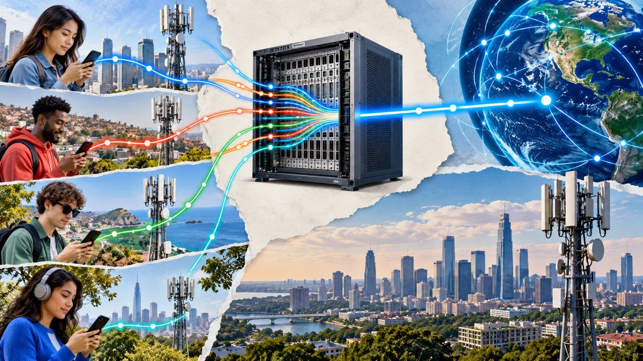 Smartphones in different locations connecting through cell towers to one carrier gateway that shares a single public IP