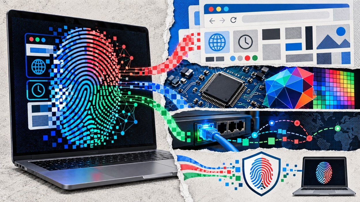 Browser, hardware and network signals from a laptop merging into a single device fingerprint