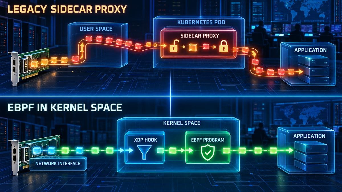 Network packet path comparison showing a legacy sidecar proxy detour through user space versus eBPF filtering at the XDP hook in Linux kernel space