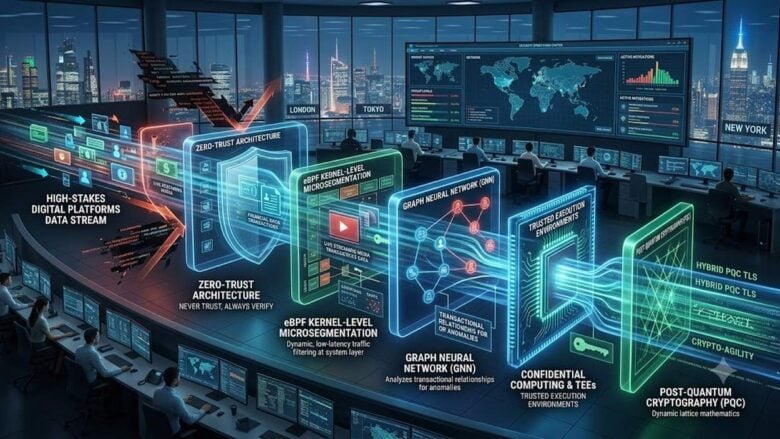 Layered security architecture for high-stakes digital platforms showing zero-trust, eBPF