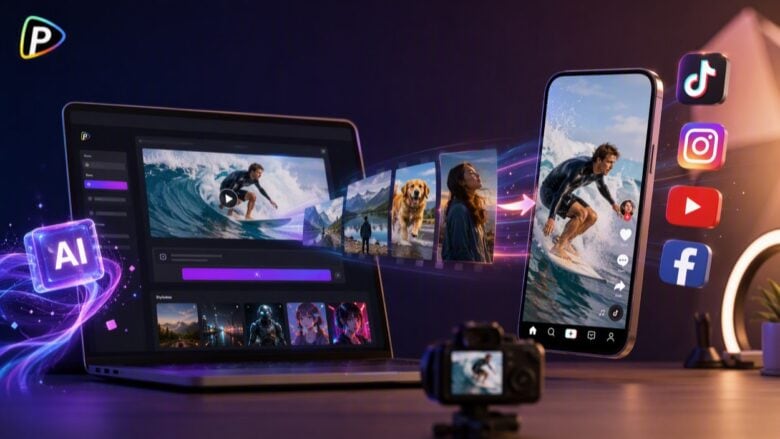 Pollo AI video generator on a laptop turning images into a vertical short video shown on a phone