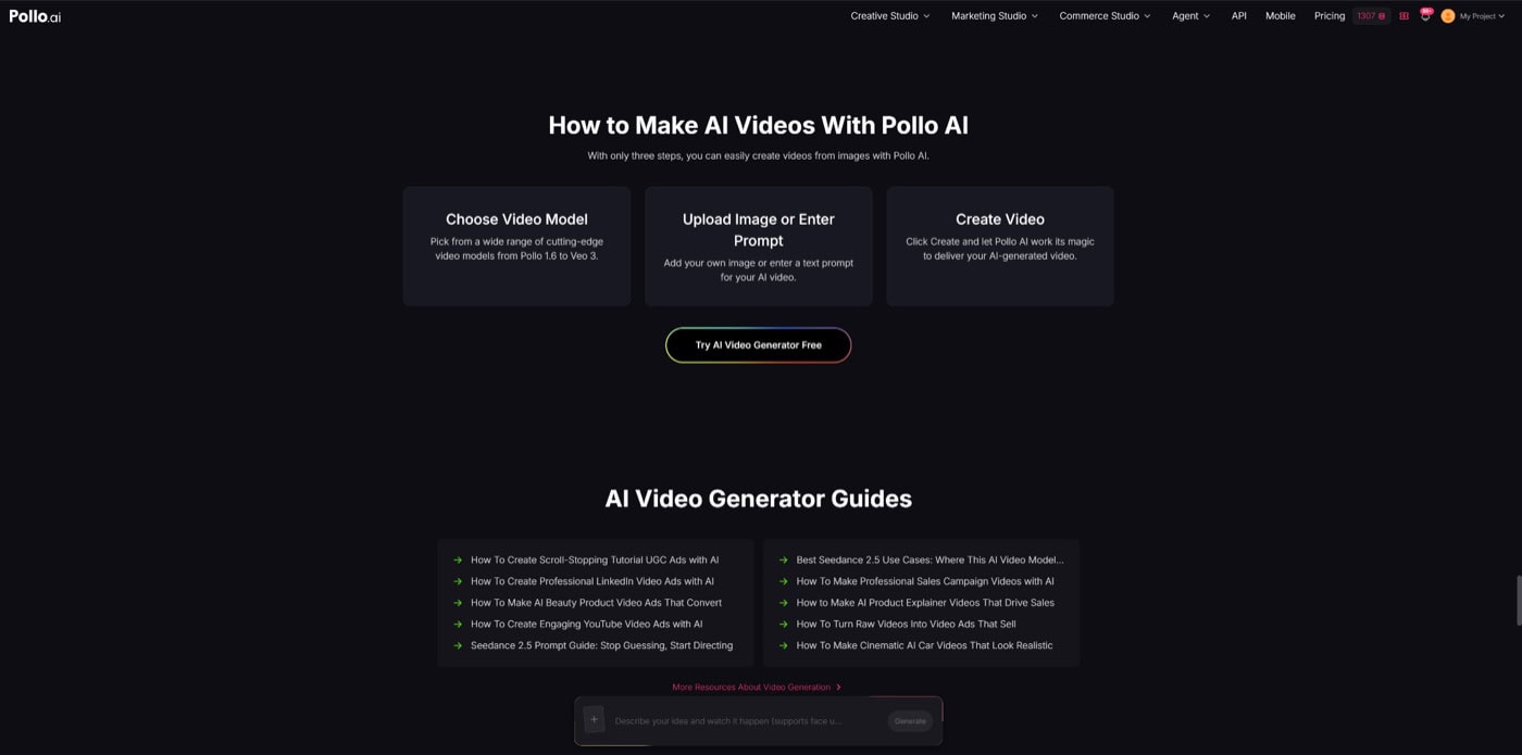 Pollo AI website showing the three steps to make an AI video: choose a video model, upload an image or enter a prompt, then create the video