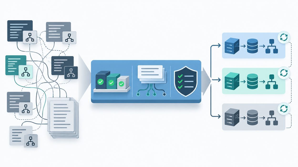 Diagram of scattered Terraform code passing through a platform layer with a module registry, shared settings and policy checks into organized infrastructure stacks