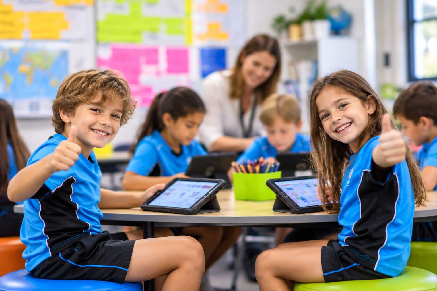 Primary school pupils using tablets in a classroom with their teacher