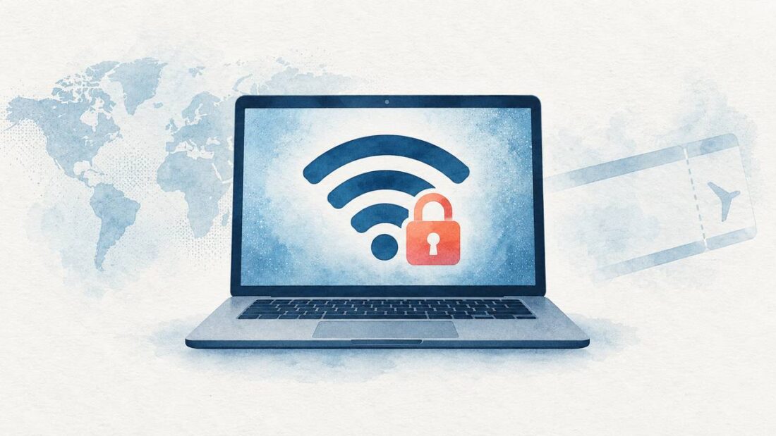 Are Digital Nomads Easy Targets for Hackers? Laptop showing a padlocked Wi-Fi symbol for digital nomad security