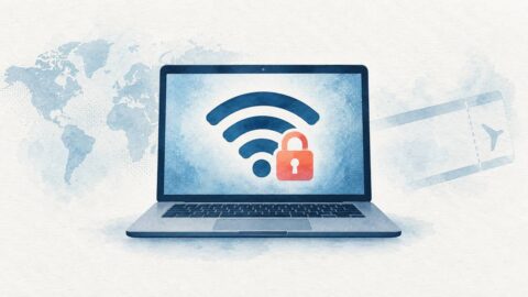 Laptop showing a padlocked Wi-Fi symbol for digital nomad security