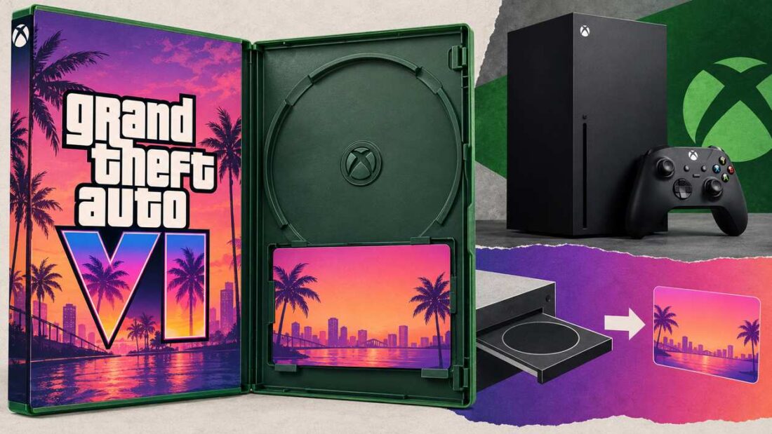 GTA 6 Xbox Key Guide: Digital Code vs Disc, Prices and Safe Places to Buy Black Xbox controller beside a game box holding a download code card instead of a disc, with a neon sunset Miami-style skyline behind