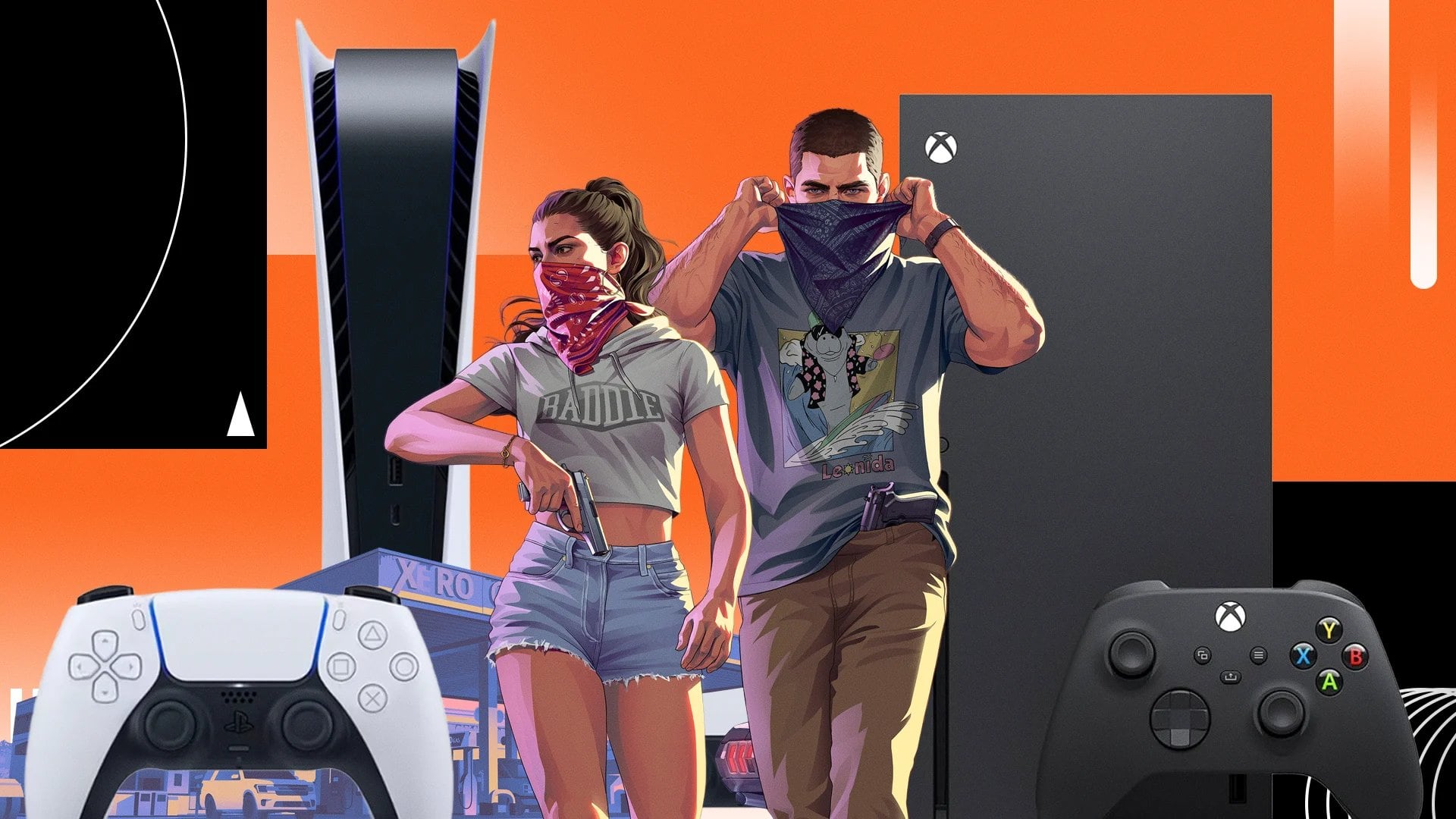 GTA 6 protagonists Lucia and Jason in front of an Xbox Series X and PlayStation 5 with controllers