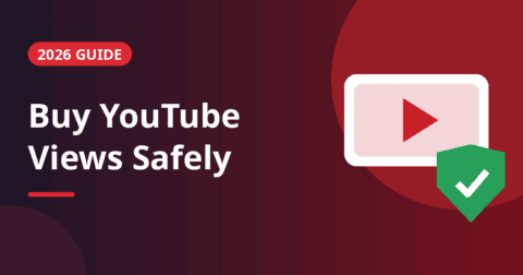 Play button with a green shield and check mark, title card for a guide on buying YouTube views