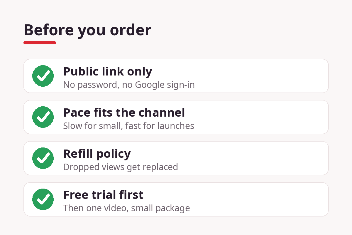 Four checks before buying YouTube views: public link only, pace that fits the channel, refill policy, free trial first